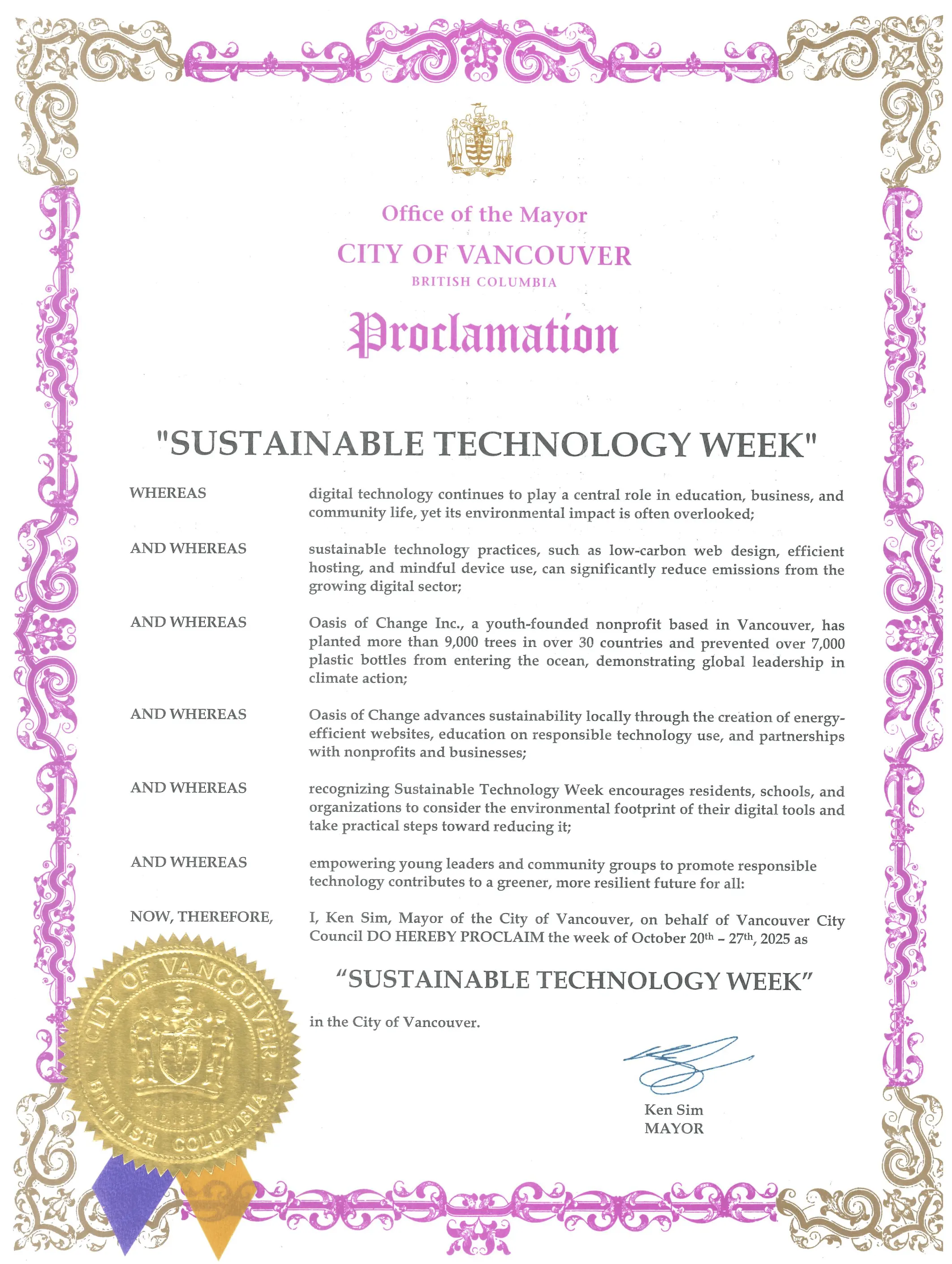 Sustainable Technology Week Proclamation signed by Mayor Ken Sim, City of Vancouver